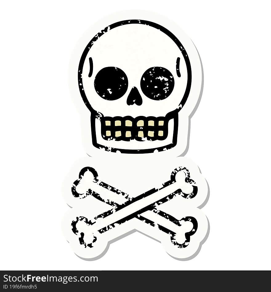 traditional distressed sticker tattoo of a skull and bones