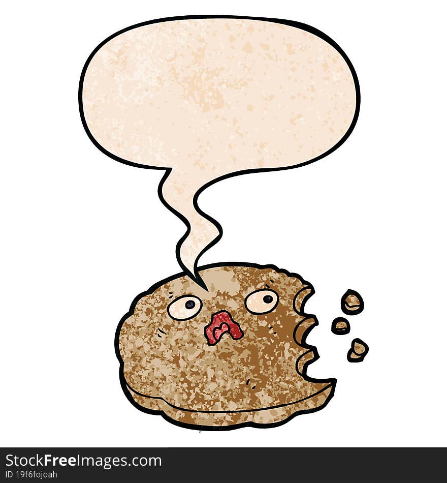 cartoon bitten cookie and speech bubble in retro texture style