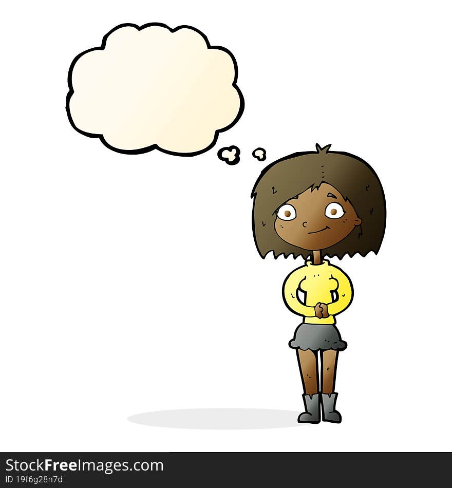 cartoon happy woman with thought bubble