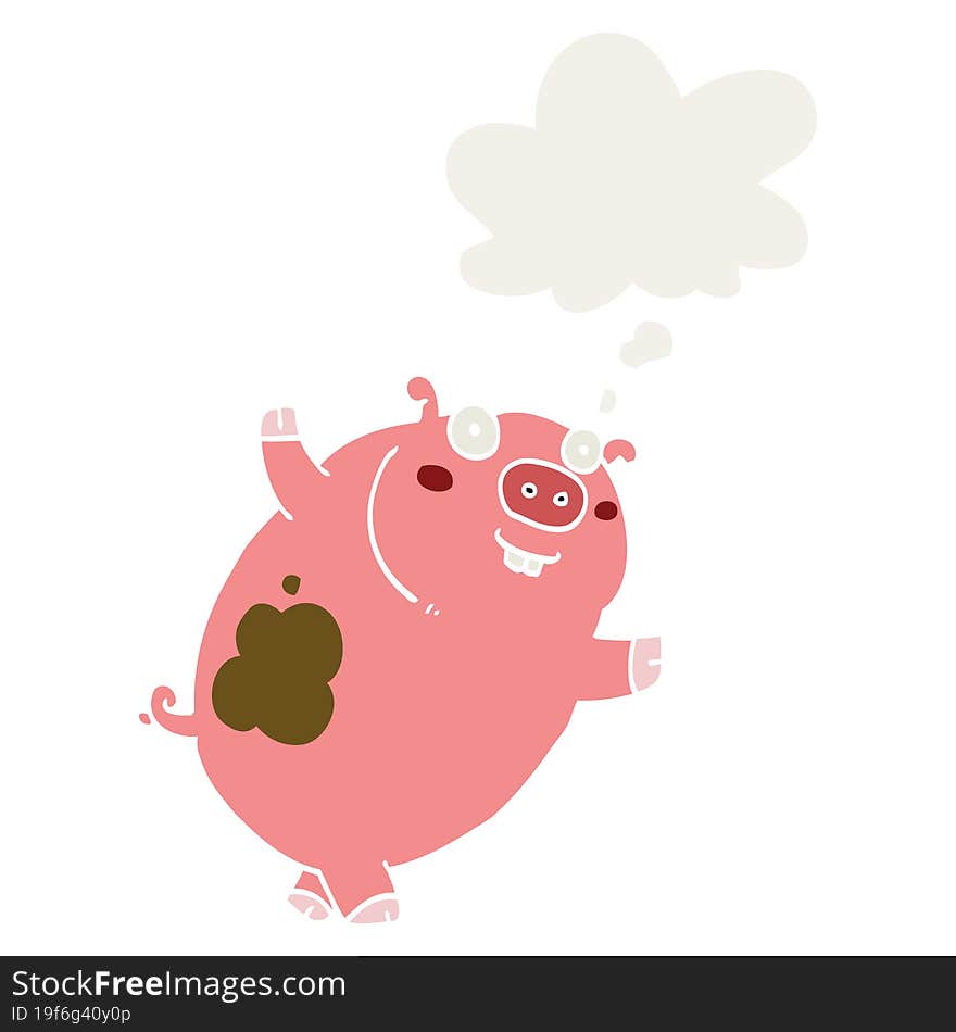 funny cartoon pig and thought bubble in retro style