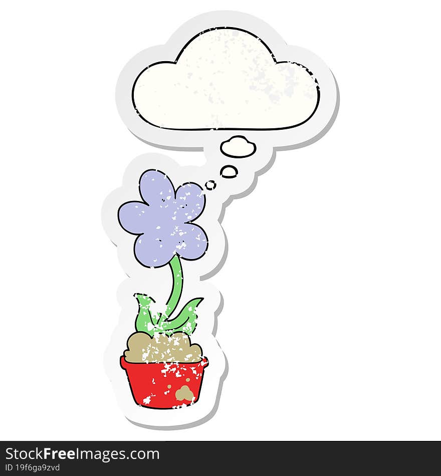 cute cartoon flower with thought bubble as a distressed worn sticker