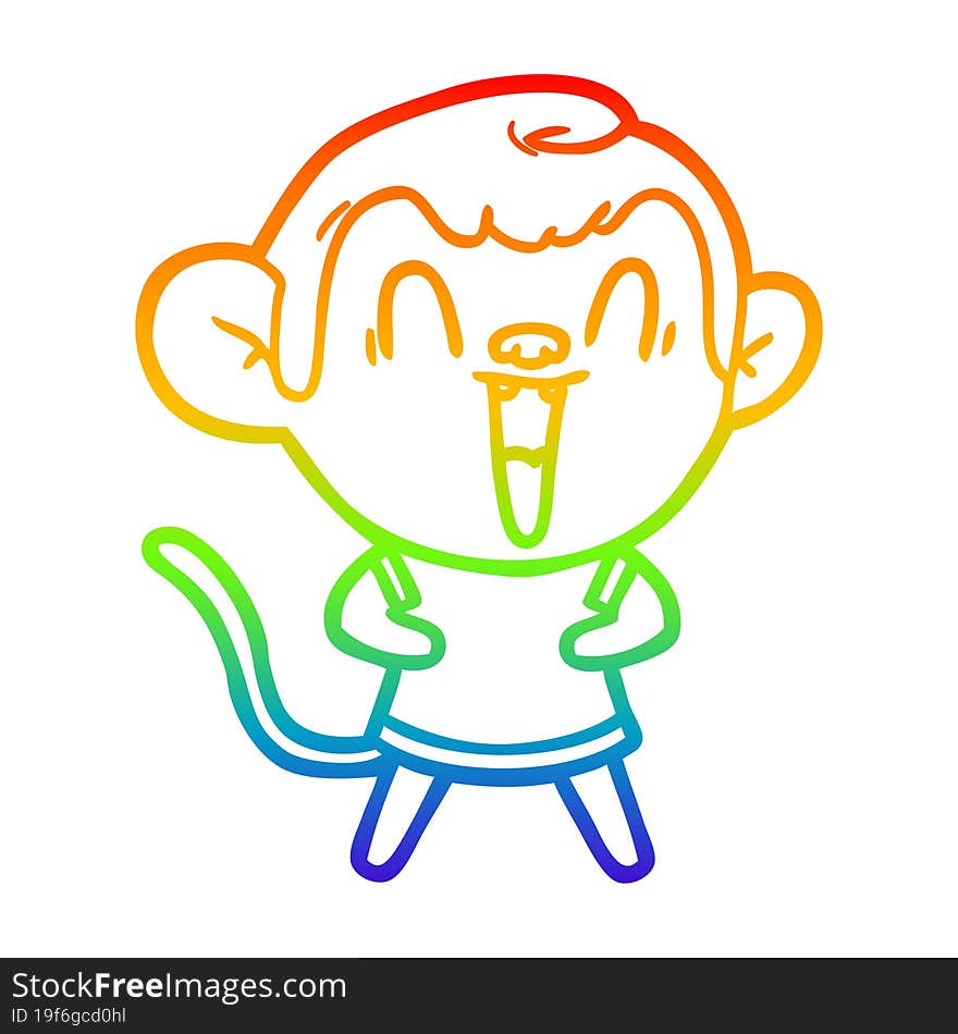 rainbow gradient line drawing of a cartoon laughing monkey