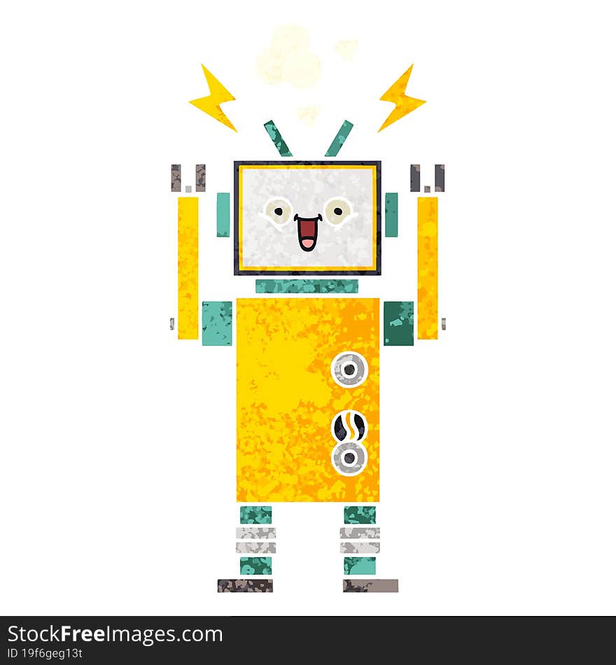 retro illustration style cartoon happy robot