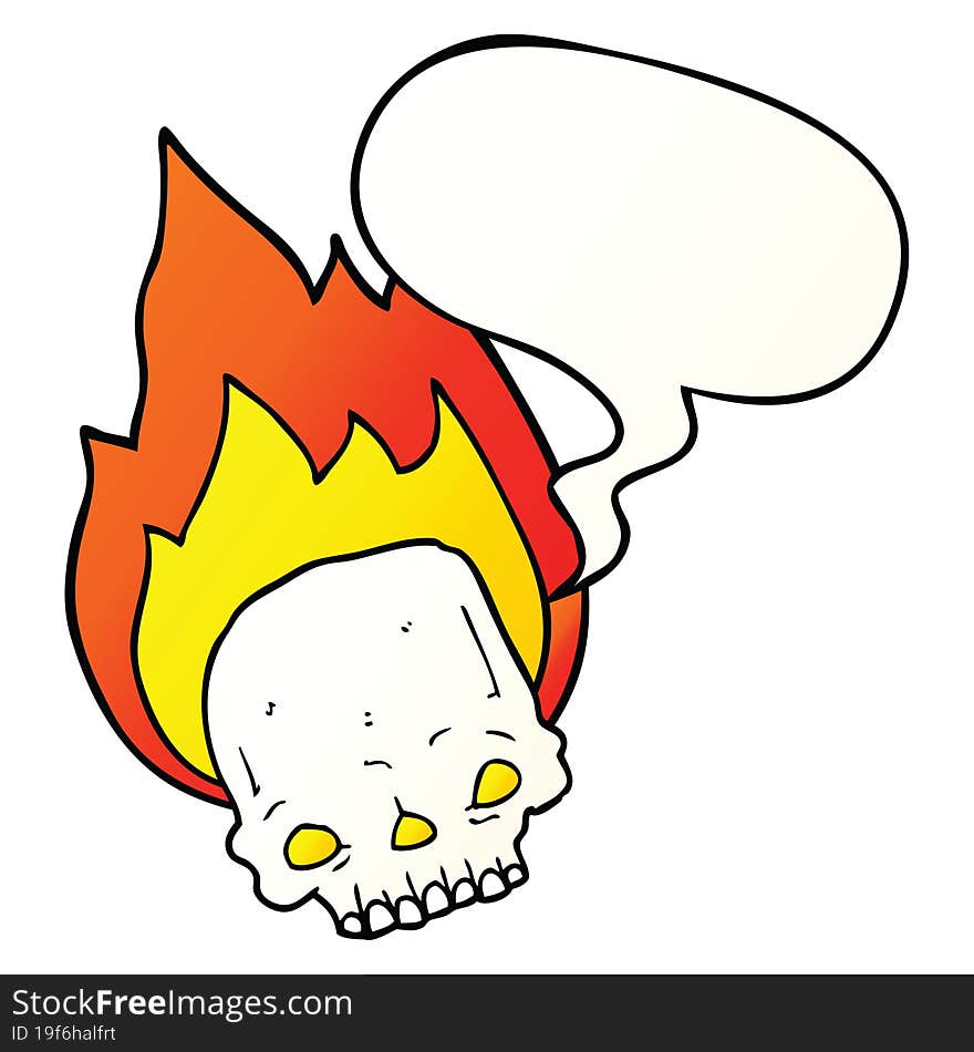 spooky cartoon flaming skull and speech bubble in smooth gradient style