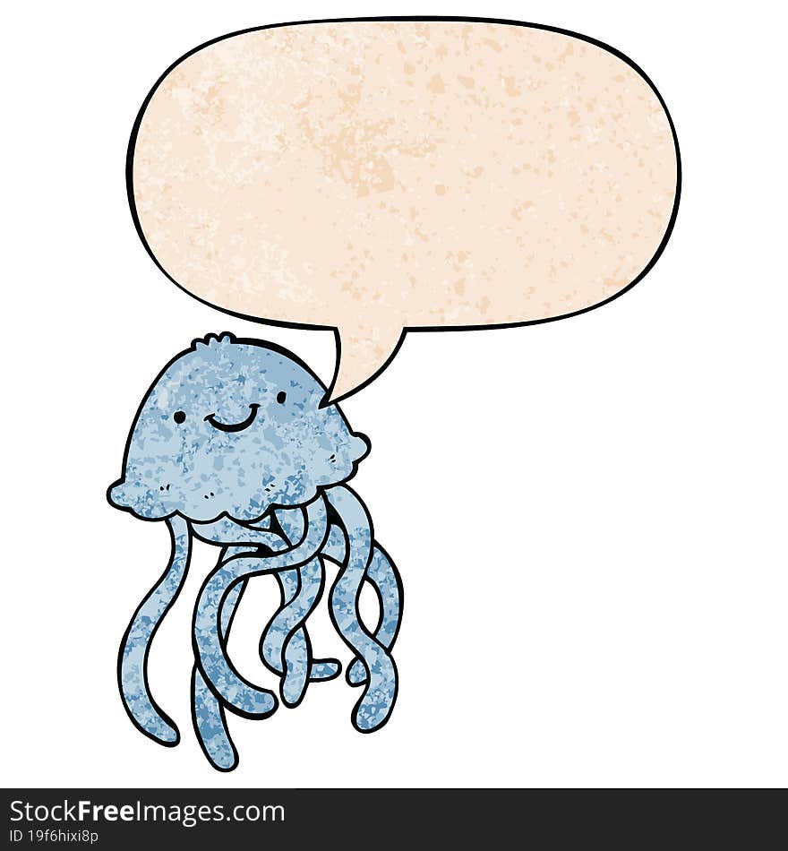 cartoon happy jellyfish and speech bubble in retro texture style