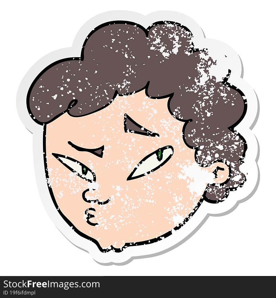 distressed sticker of a cartoon suspicious man