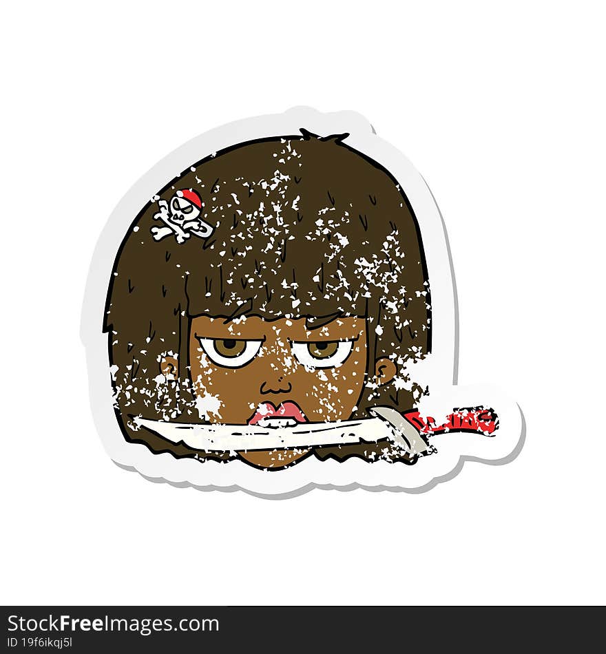 retro distressed sticker of a cartoon woman holding knife between teeth