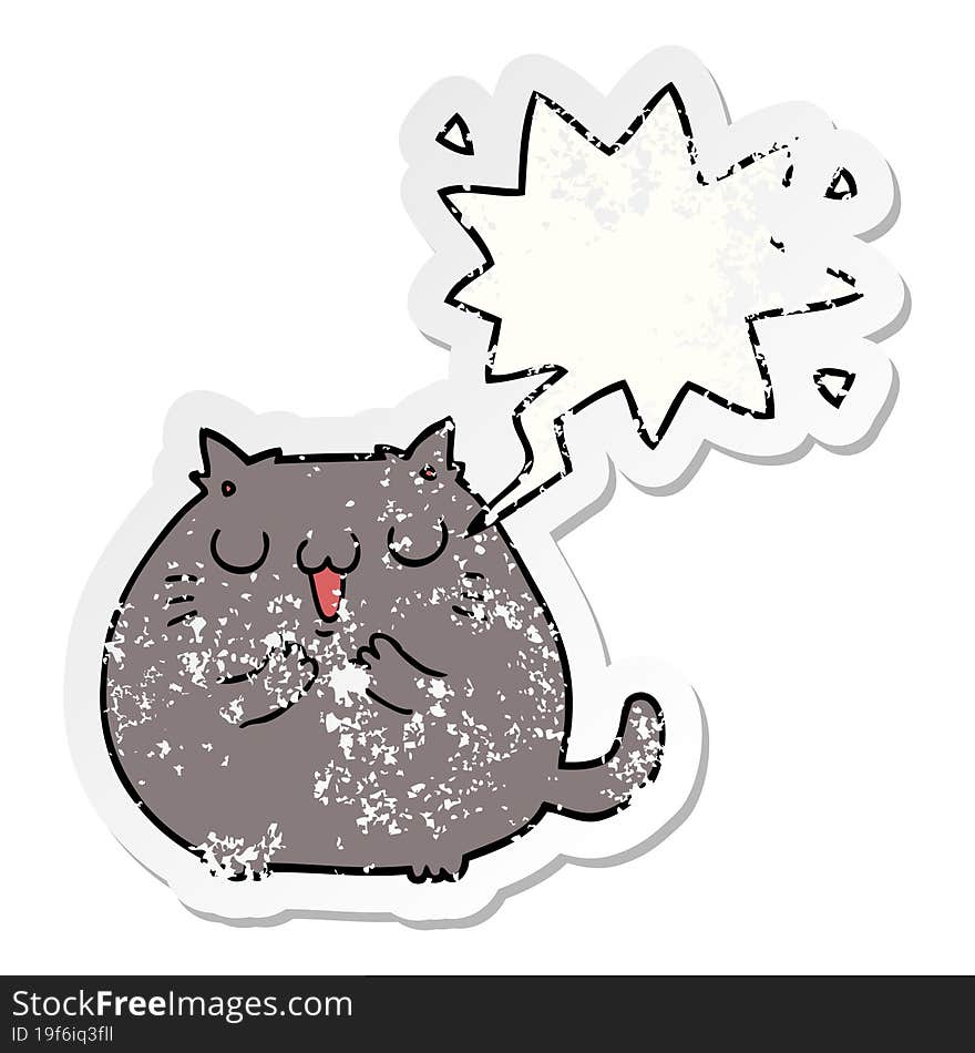 happy cartoon cat with speech bubble distressed distressed old sticker. happy cartoon cat with speech bubble distressed distressed old sticker