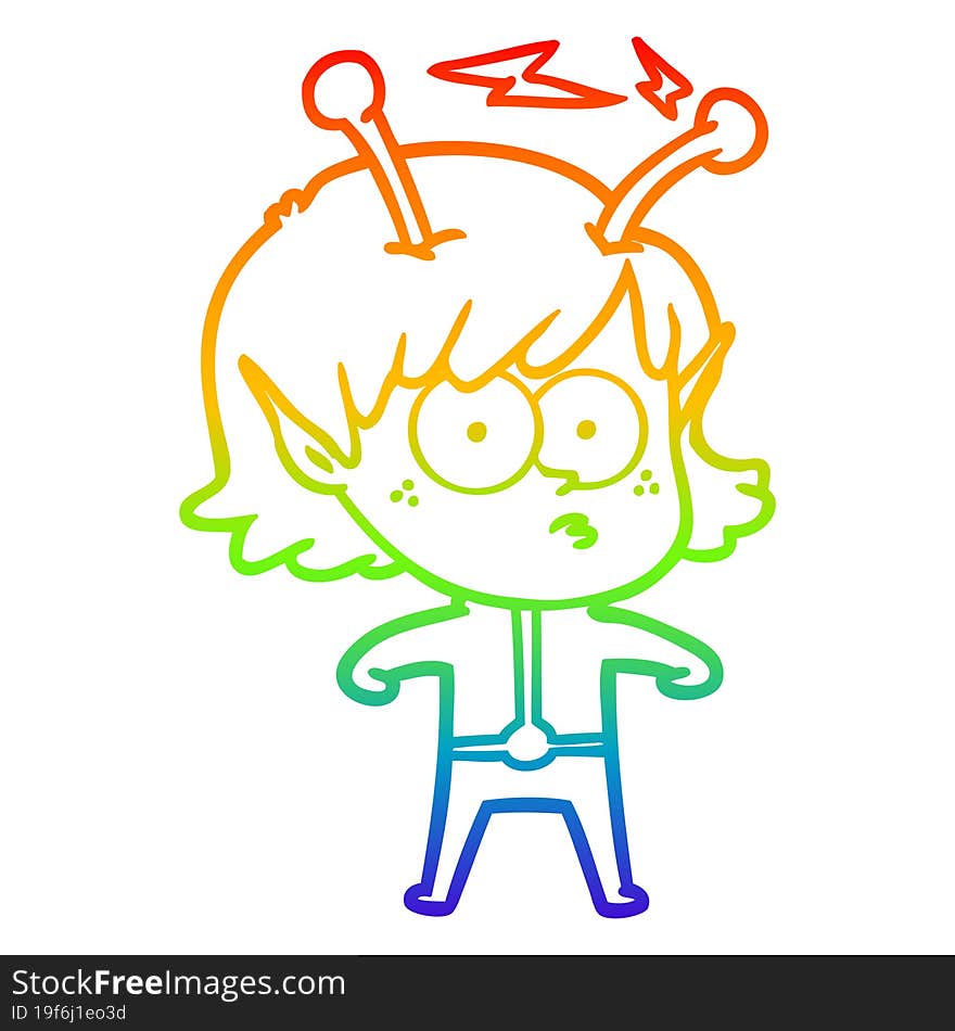 rainbow gradient line drawing of a cartoon alien girl