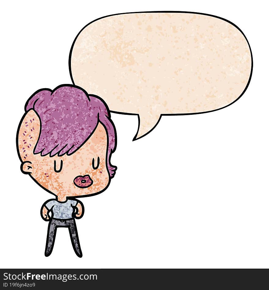 Cartoon Girl And Punk Hipster Haircut And Speech Bubble In Retro Texture Style