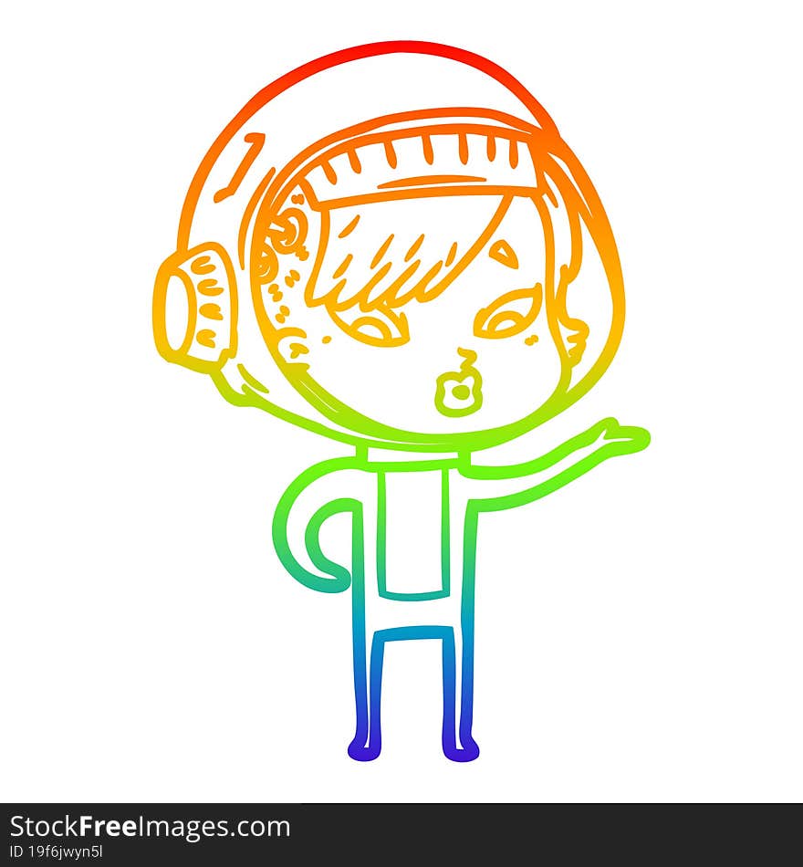 rainbow gradient line drawing of a cartoon astronaut woman