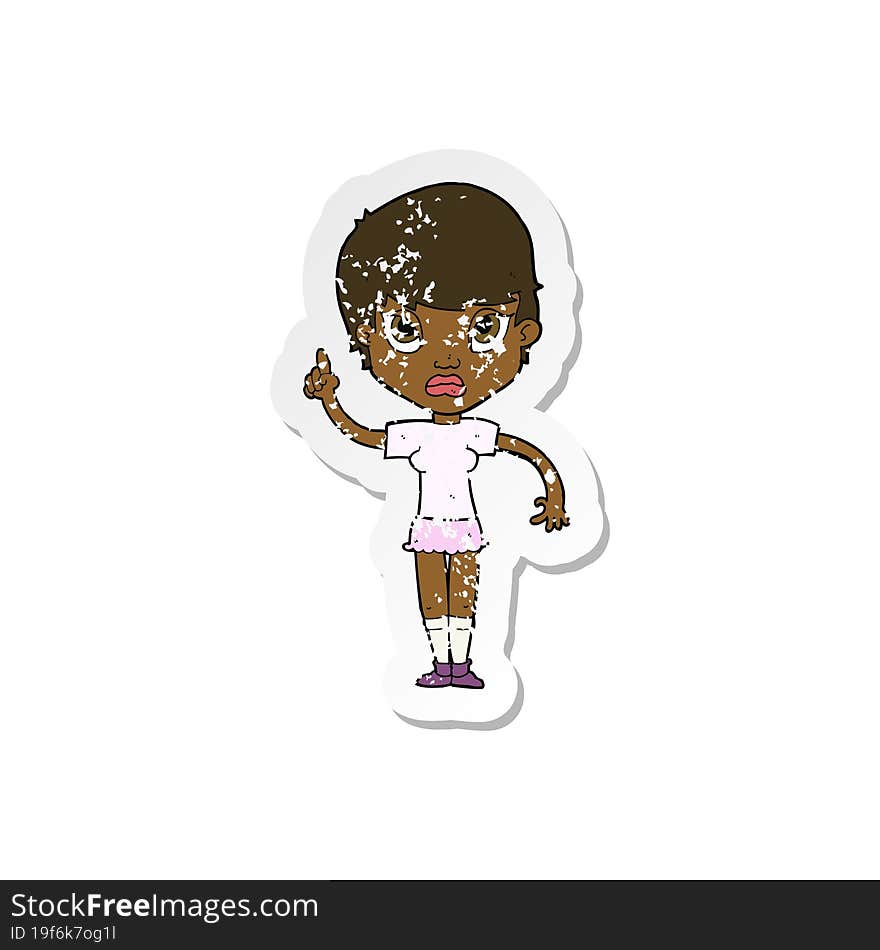 retro distressed sticker of a cartoon girl with idea