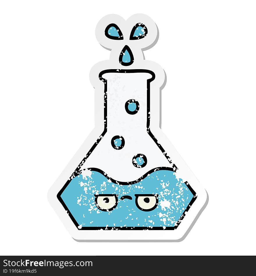 distressed sticker of a cute cartoon science beaker