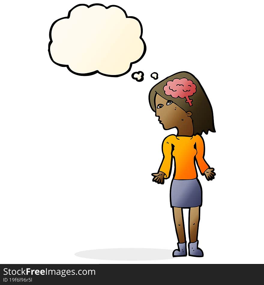 cartoon clever woman shrugging shoulders with speech bubble