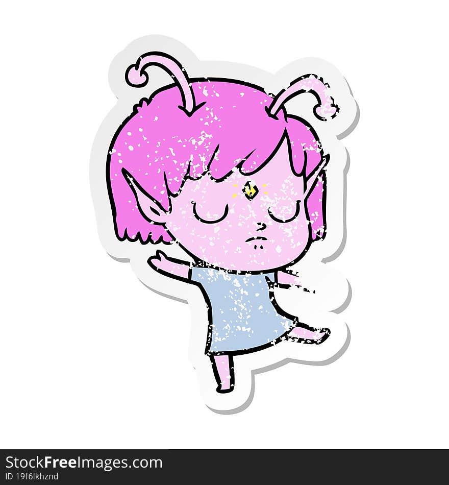 distressed sticker of a cartoon alien girl