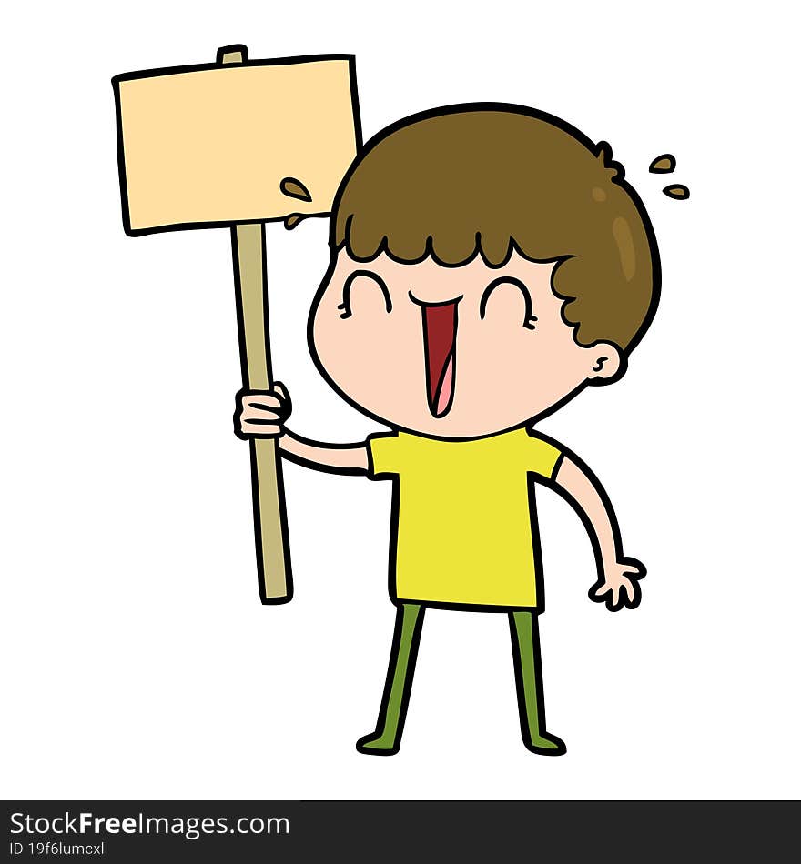 laughing cartoon man waving placard. laughing cartoon man waving placard