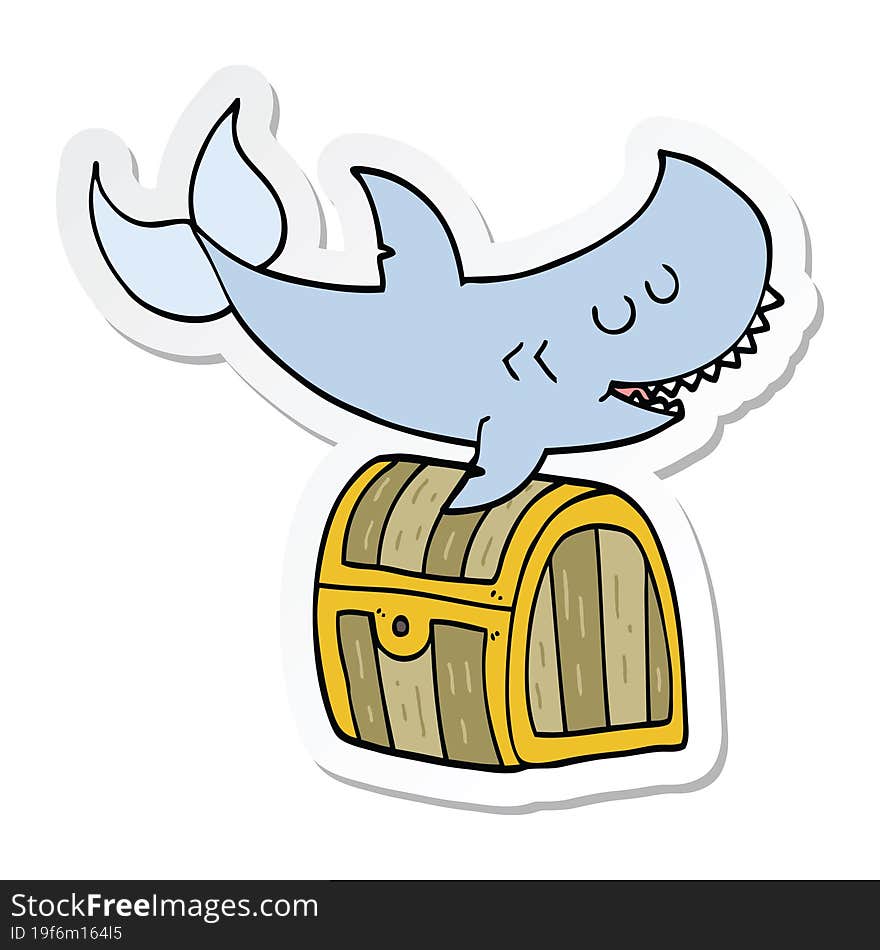 sticker of a cartoon shark swimming over treasure chest