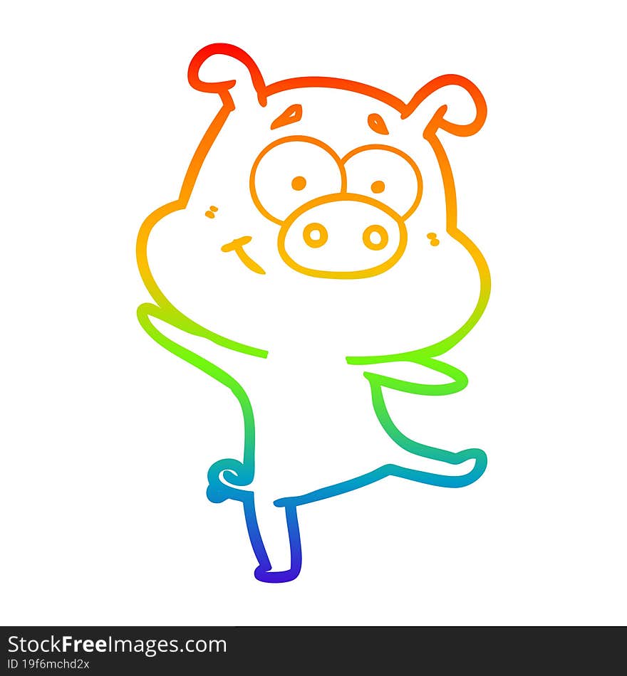 Rainbow Gradient Line Drawing Happy Cartoon Pig Dancing