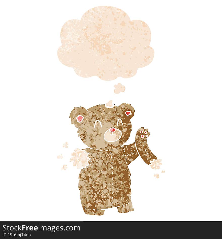 cartoon teddy bear with torn arm and thought bubble in retro textured style