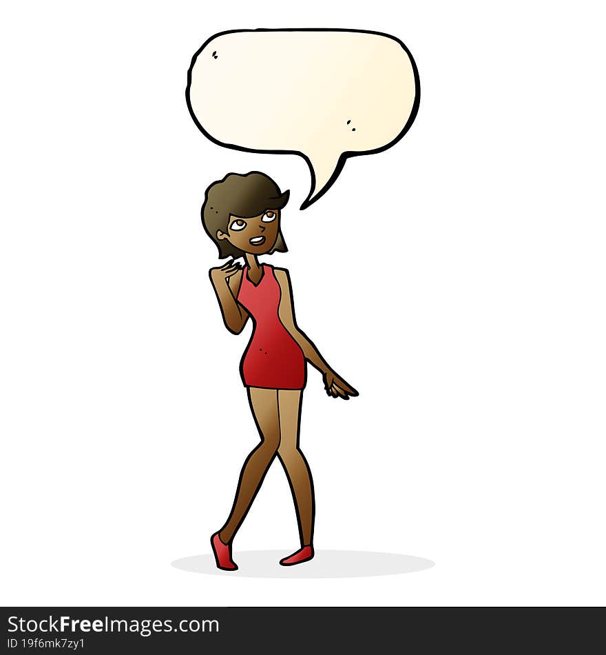 cartoon woman in cocktail dress with speech bubble