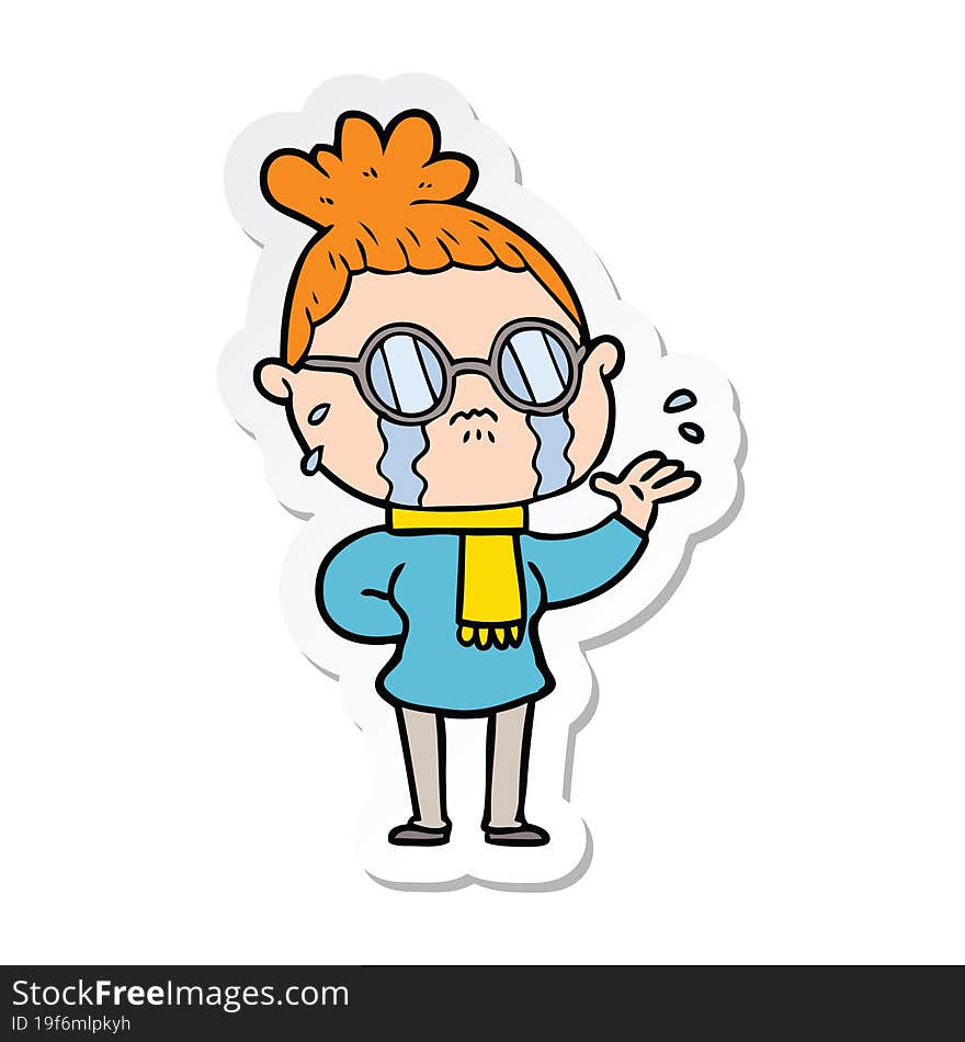 sticker of a cartoon crying woman wearing spectacles