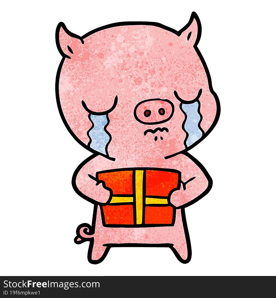 cartoon pig crying over christmas present. cartoon pig crying over christmas present