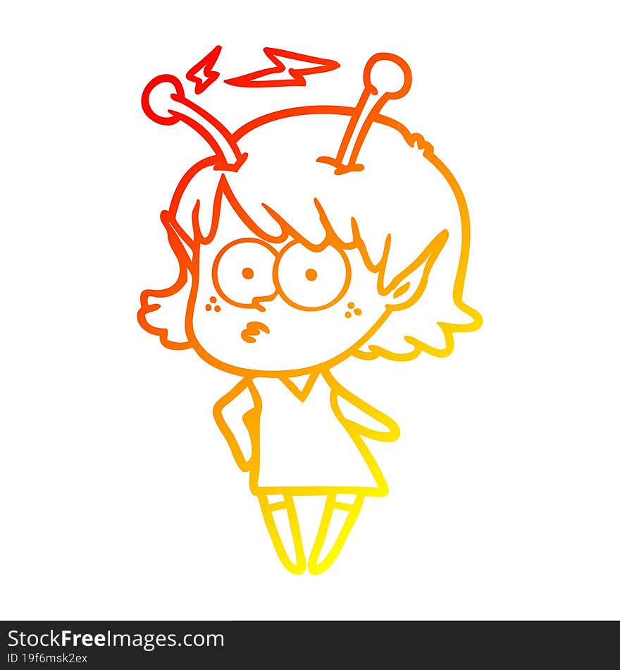 warm gradient line drawing of a cartoon alien girl