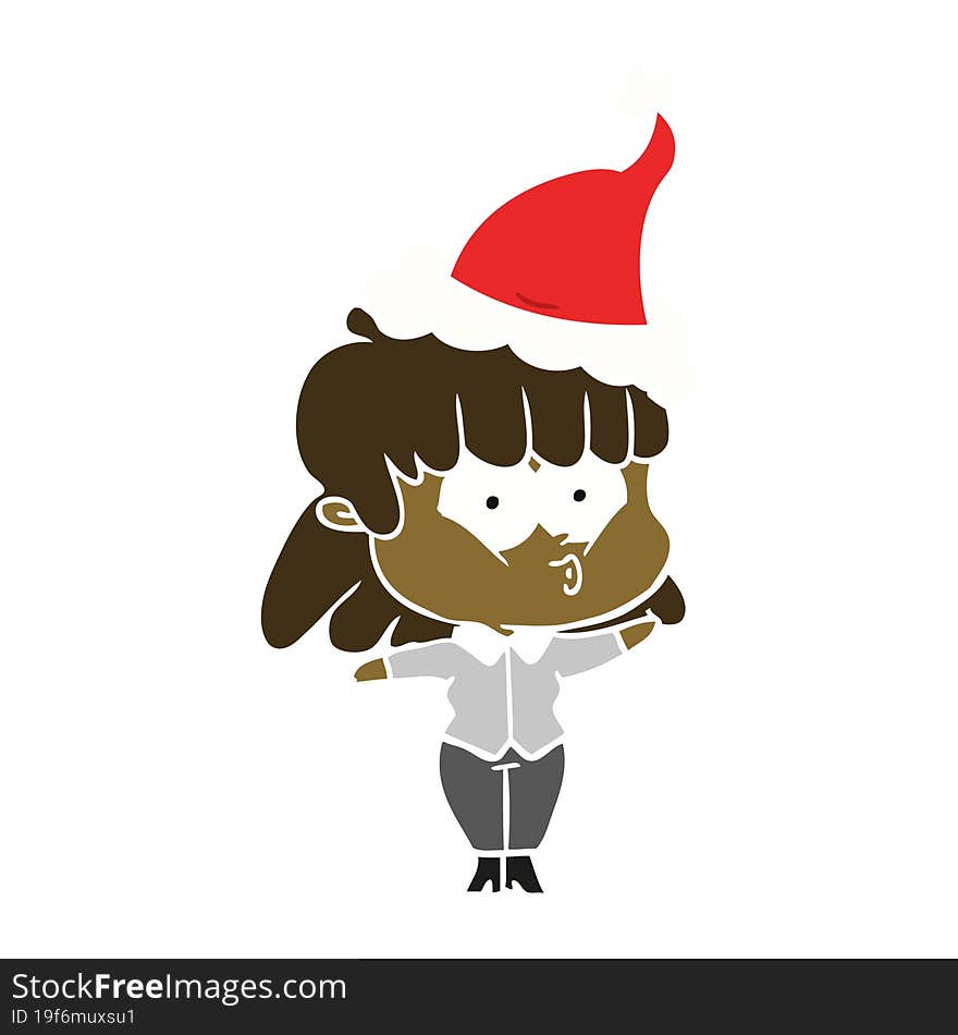 flat color illustration of a whistling girl wearing santa hat