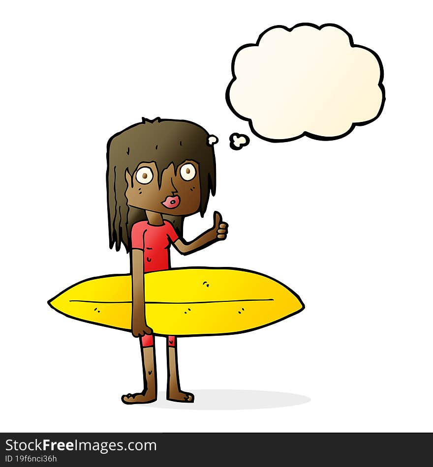 cartoon surfer girl with thought bubble