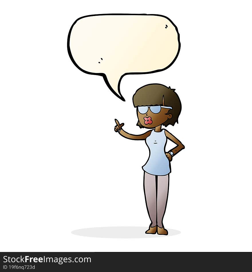 cartoon woman wearing spectacles with speech bubble