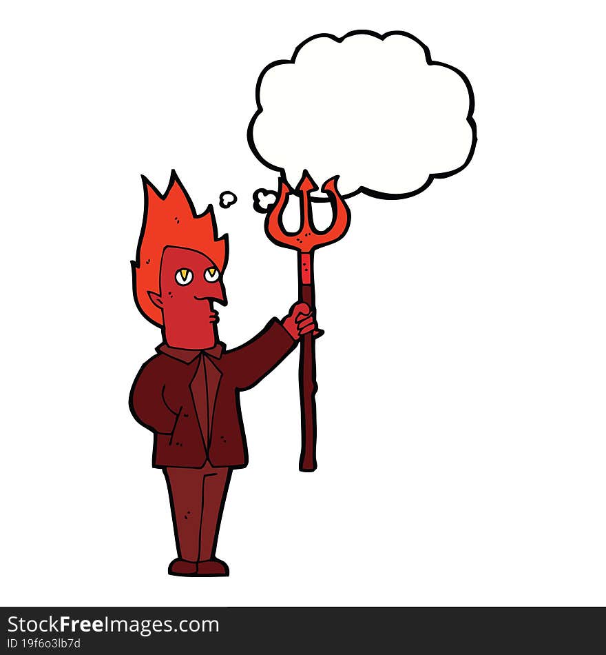 Cartoon Devil With Pitchfork With Thought Bubble