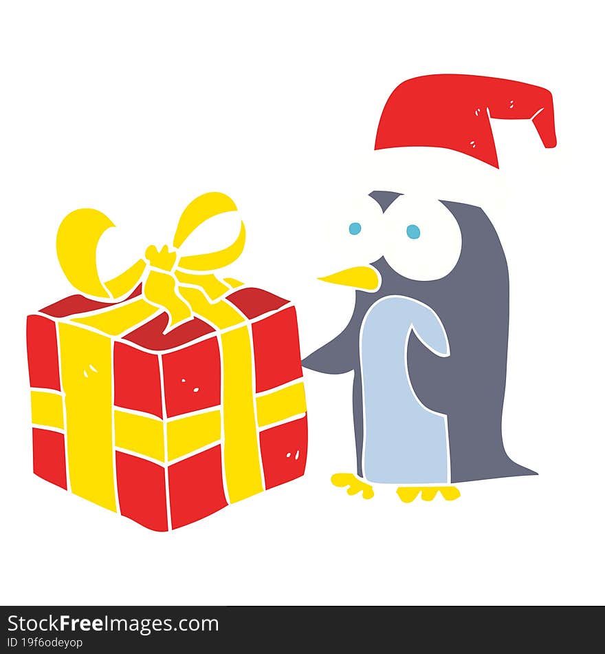 flat color illustration of a cartoon christmas penguin with present