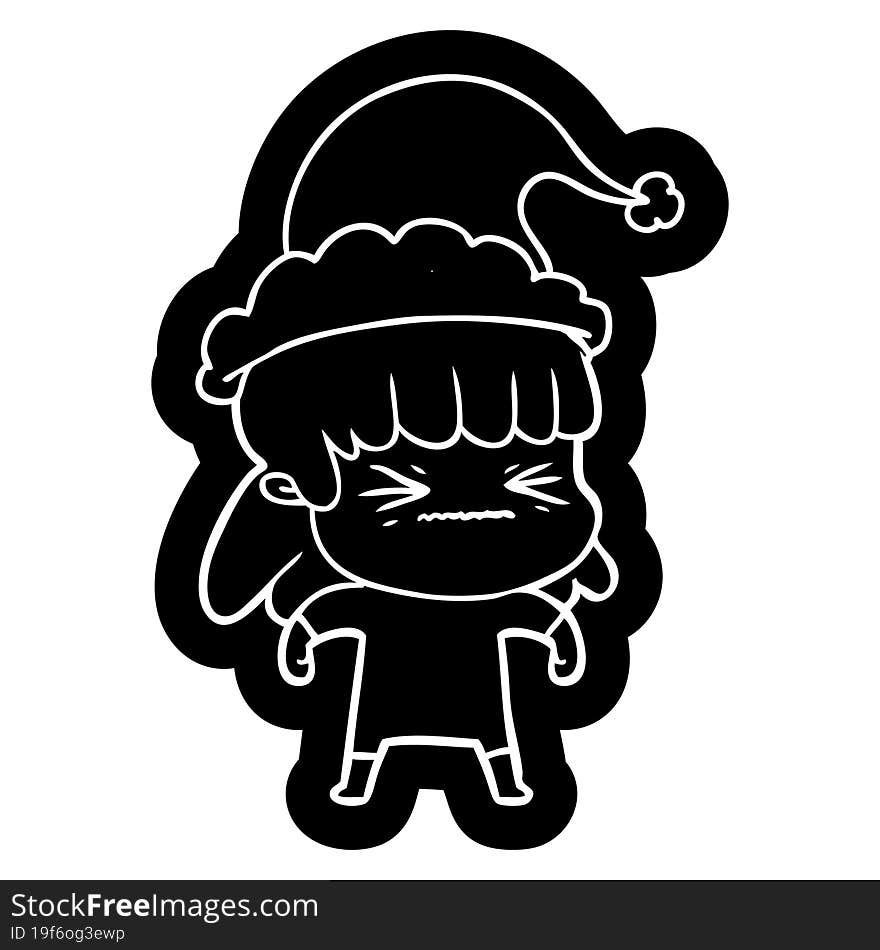 quirky cartoon icon of a woman wearing santa hat