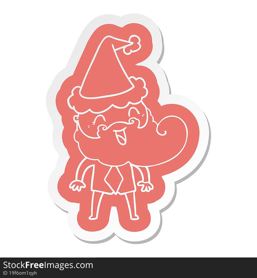 hand drawn cartoon  sticker of a happy bearded man wearing santa hat