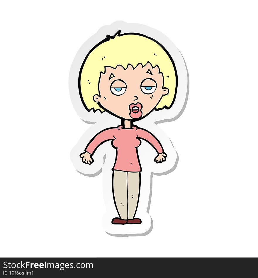 sticker of a cartoon woman shrugging shoulders