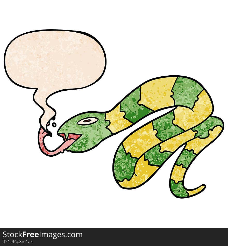 cartoon hissing snake and speech bubble in retro texture style