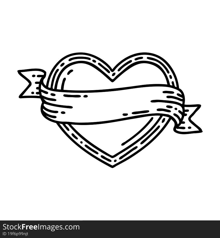 tattoo in black line style of a heart and banner. tattoo in black line style of a heart and banner