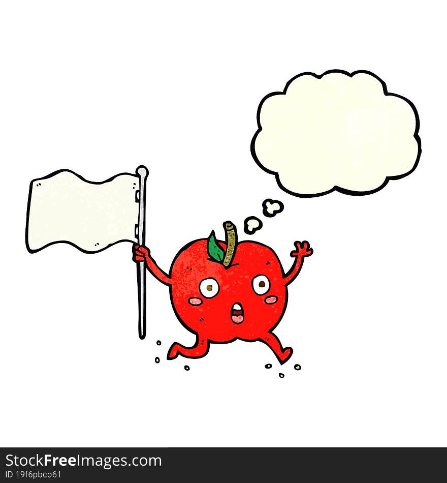 cartoon funny apple with flag with thought bubble