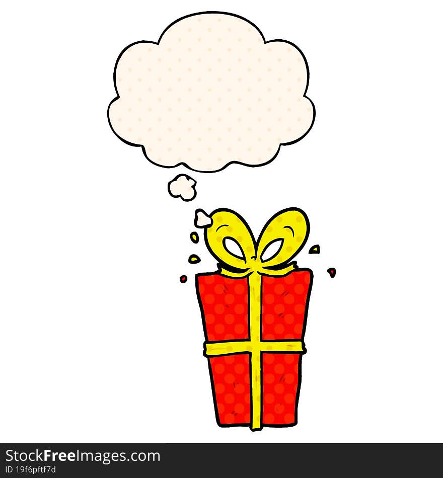 cartoon wrapped gift and thought bubble in comic book style