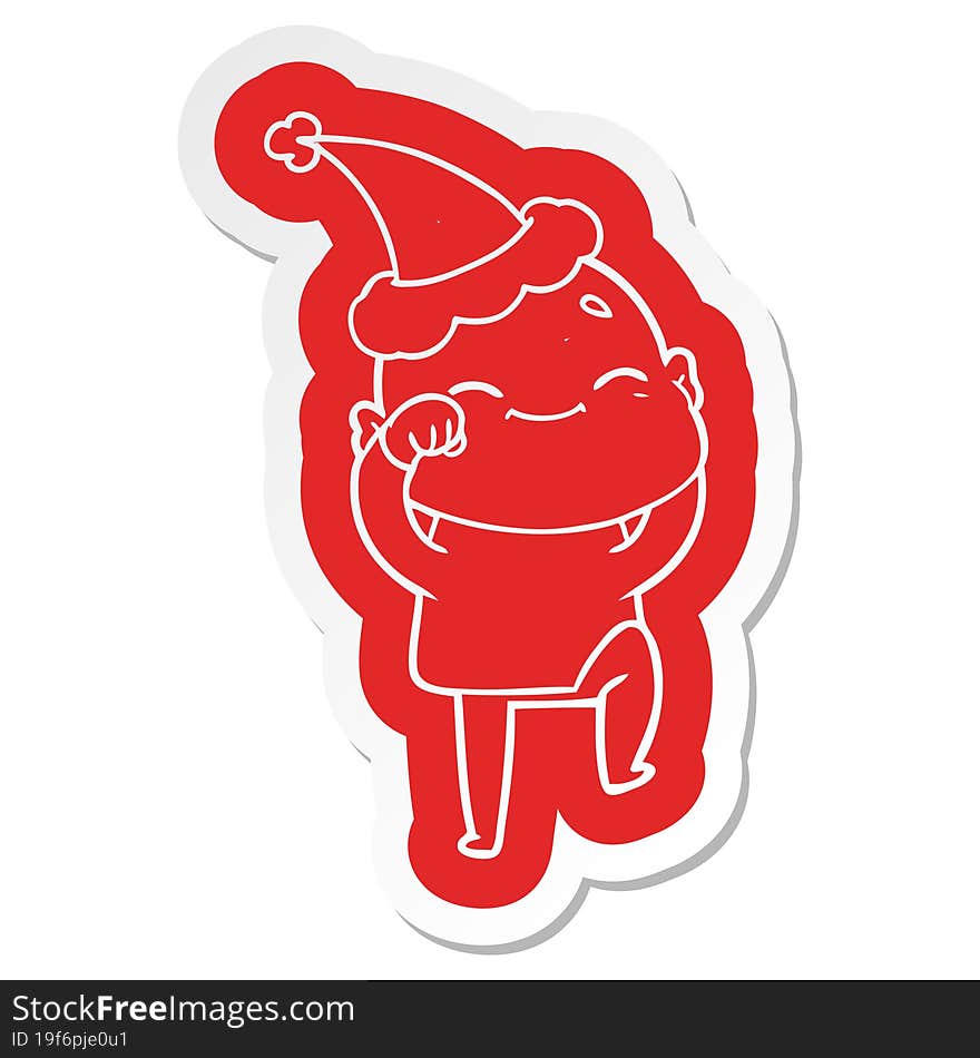 happy cartoon  sticker of a bald man wearing santa hat