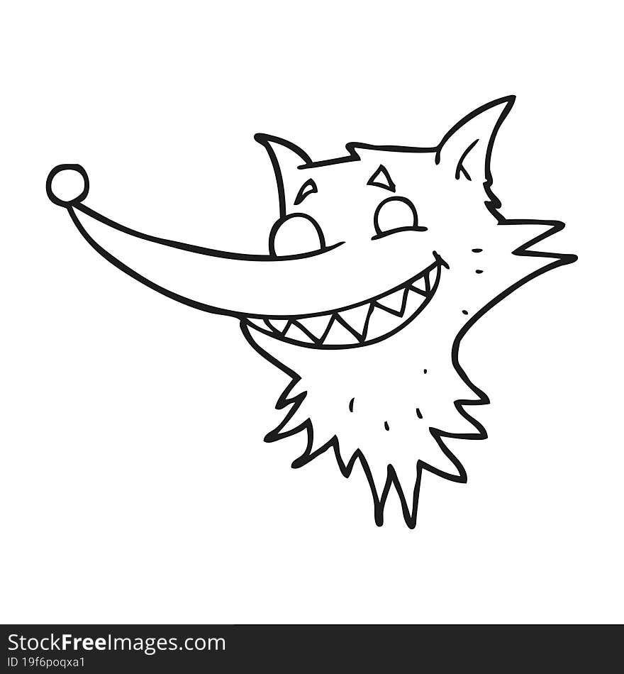 freehand drawn black and white cartoon grinning wolf face