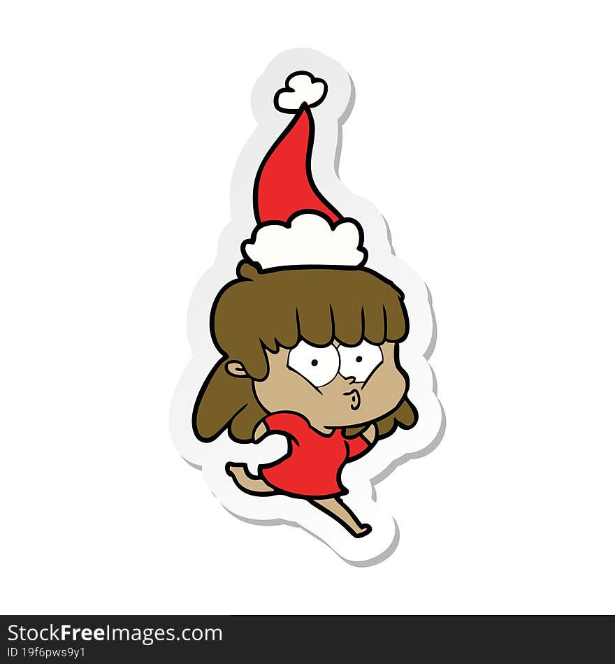 sticker cartoon of a whistling girl wearing santa hat