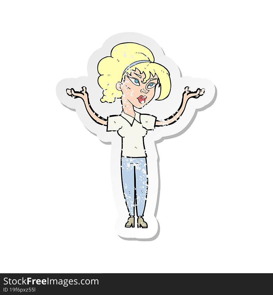 retro distressed sticker of a cartoon woman raising hands in air