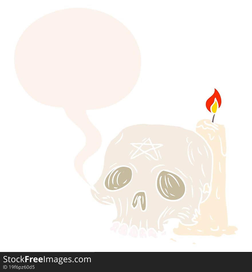 cartoon spooky skull and candle and speech bubble in retro style