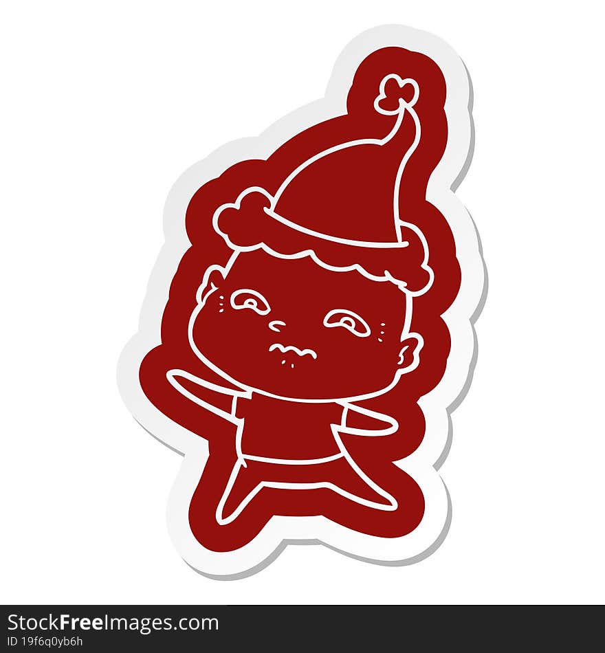 quirky cartoon  sticker of a nervous man wearing santa hat