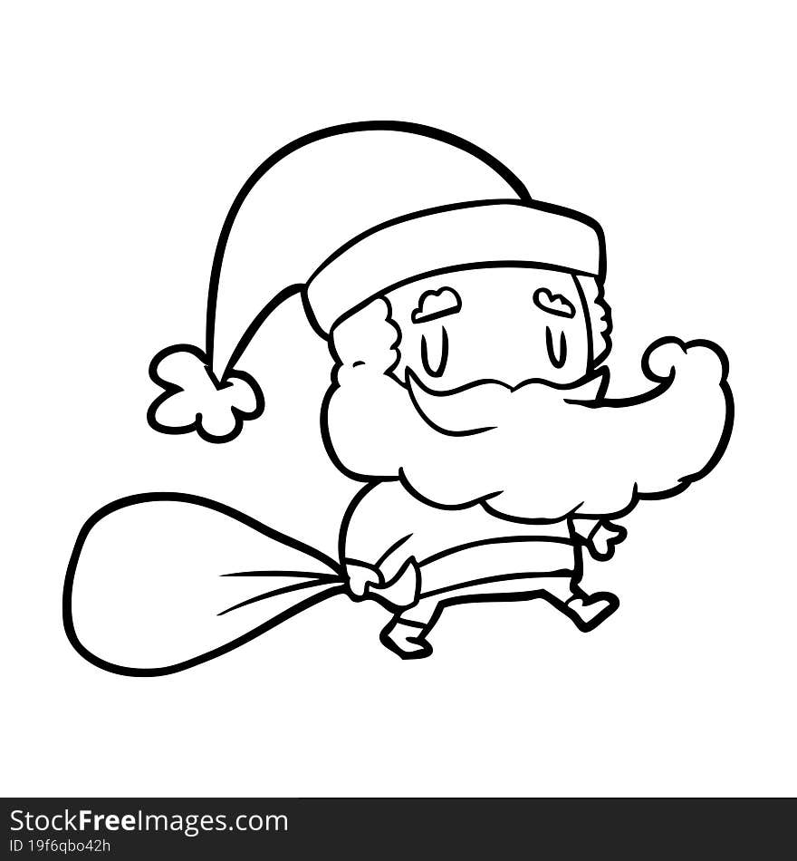 line drawing of a santa claus carrying sack of presents. line drawing of a santa claus carrying sack of presents