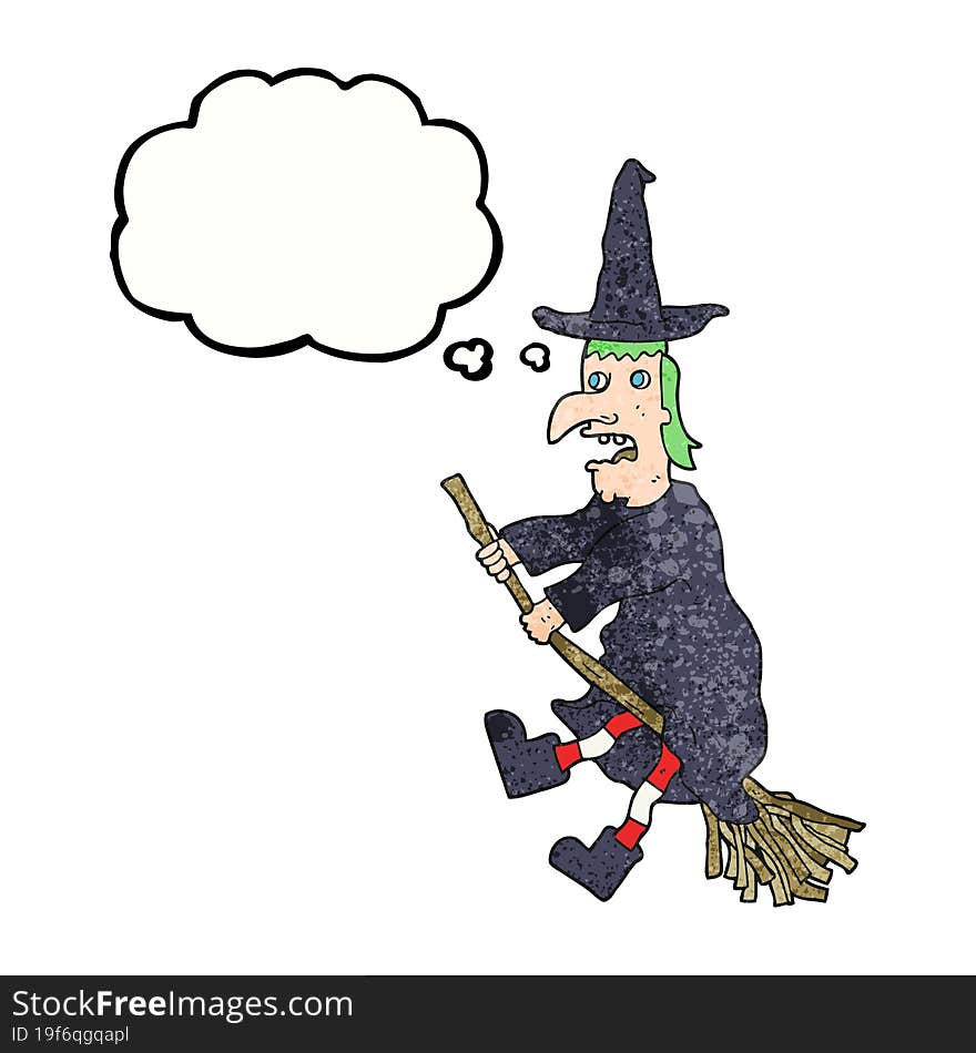 thought bubble textured cartoon witch flying on broom