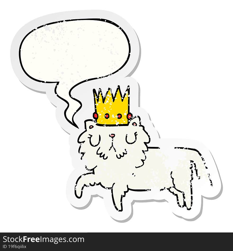 cartoon cat wearing crown and speech bubble distressed sticker