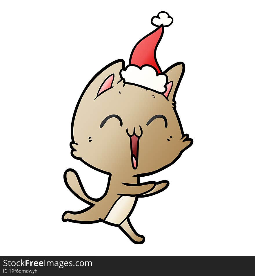 happy gradient cartoon of a cat meowing wearing santa hat