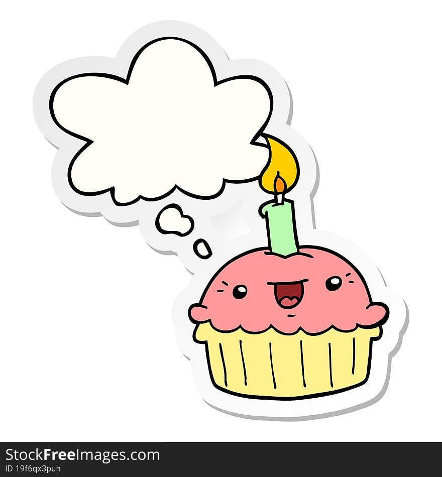 cartoon cupcake with candle and thought bubble as a printed sticker